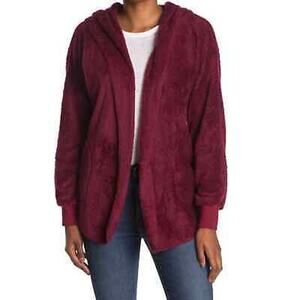 New Forgotten Grace Wine Red Faux Shearling Hooded Front Cardigan Women's Size M